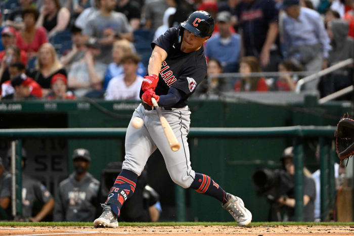 Apr 14, 2023; Washington, District of Columbia, USA; Cleveland Guardians right fielder Will Brennan (17) hits a double against the Washington Nationals during the second inning at Nationals Park. Mandatory Credit: Brad Mills-USA TODAY Sports